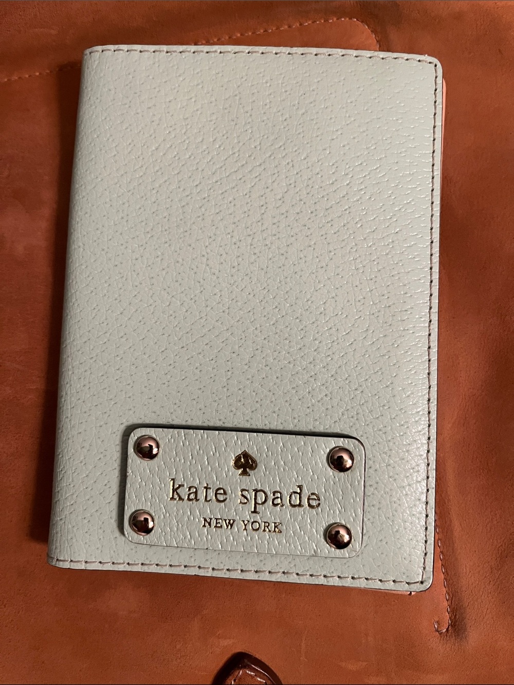 Authentic kate spade light green leather passport cover with gold logo plate